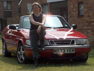 Carol with Saab 900 convertible