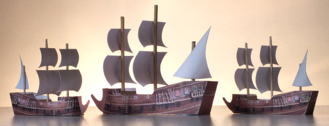 One large and two small card galleon models