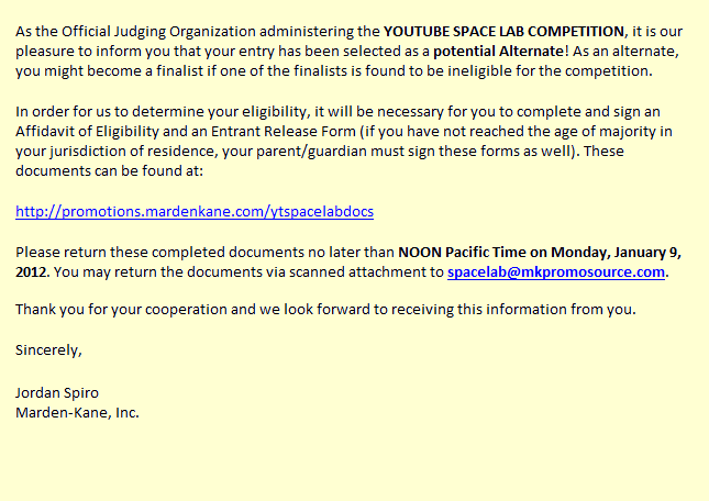Space Lab email correspondence